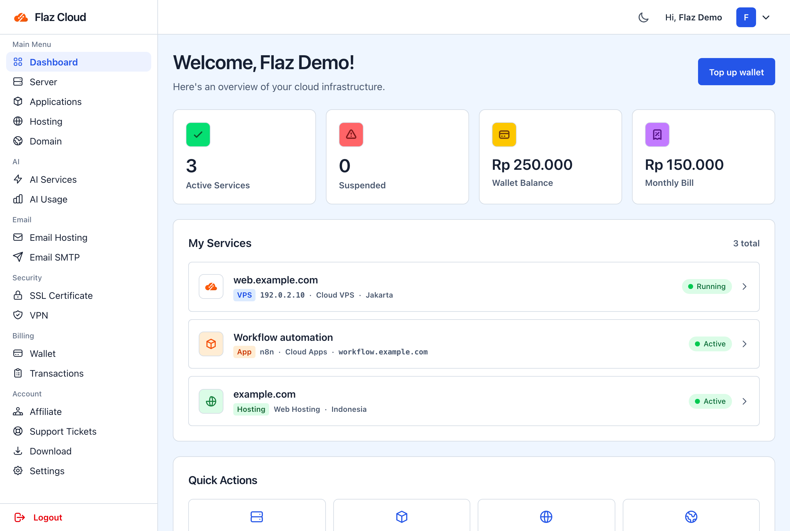 Flaz Cloud dashboard showing services, wallet balance and quick actions with demo data.
